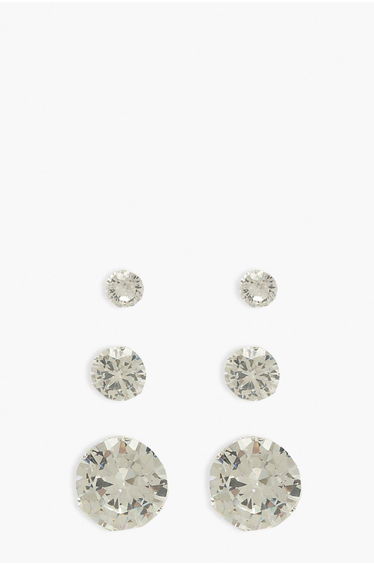 3 Pack Diamante Stud Earrings - silver