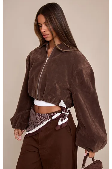 Petite Dark Chocolate Suede Balloon Sleeve Jacket
