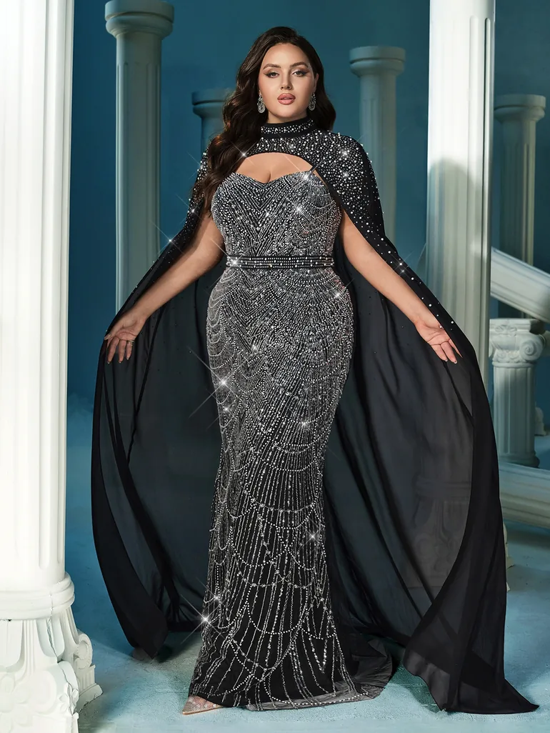 Elegant Women's Plus Size Formal Dress Stand Collar Cloak Sleeves QOQ :  Dresses : VogaCloset Qatar