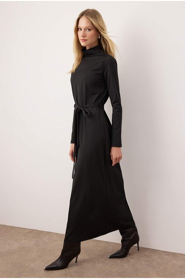 Black Unlined Plain Knitted Waist Belt Detail Diver/Scuba Hijab Dress