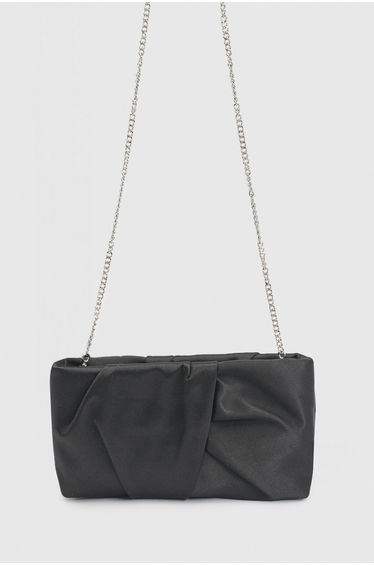 Black Ruched Satin Clutch Bag With Removable Shoulder Strap