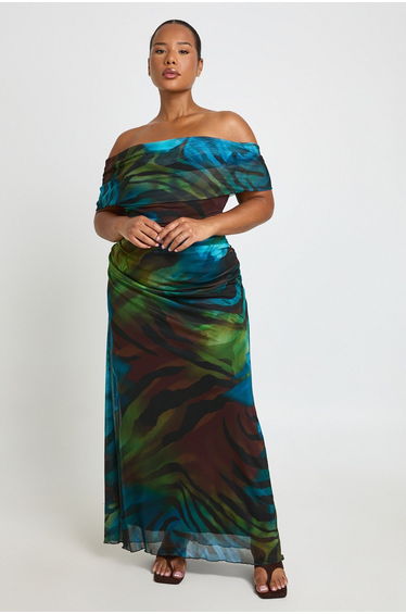 Plus Mixed Animal Ruched Maxi Dress - blue