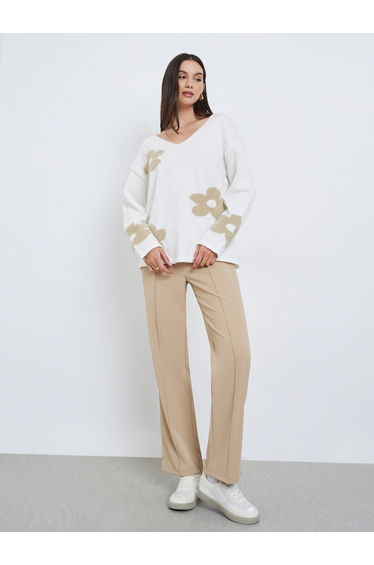 White Floral Jacquard Oversized Knit Sweater