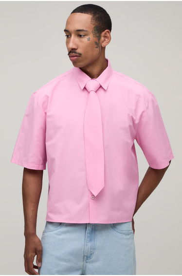 Oversized Boxy Half Sleeve Shirt and Tie - pink