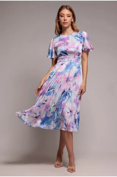 Goddiva Flutter Sleeve Pleated Skirt Floral Midi Dress