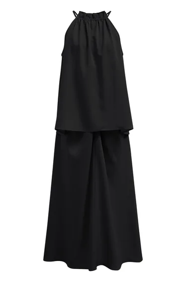 Ruffle Halter Top and Twist Front Maxi Skirt Set in Black