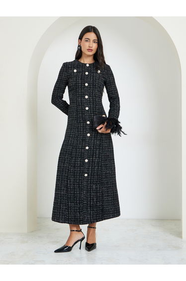 Black Tweed Buttoned Maxi Dress