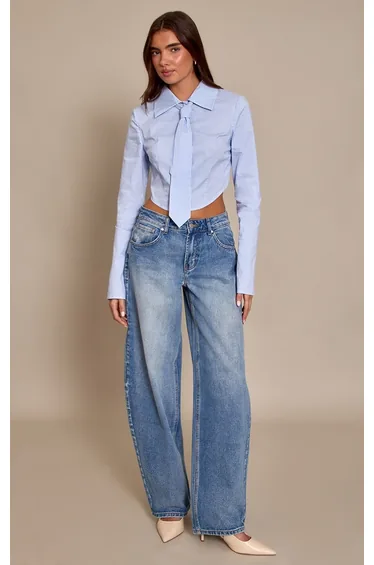 Blue Striped Tie Detail Cropped Shirt