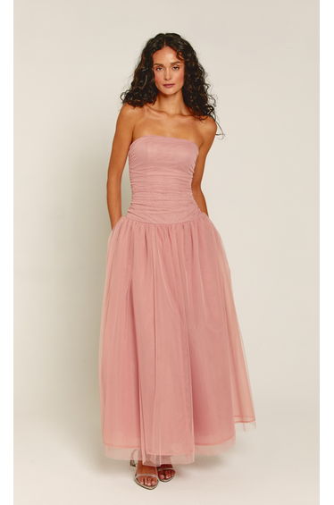 Pink Bandeau Mesh Maxi Dress