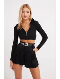 Women's Black Hooded Short Camisole Blouse - 1