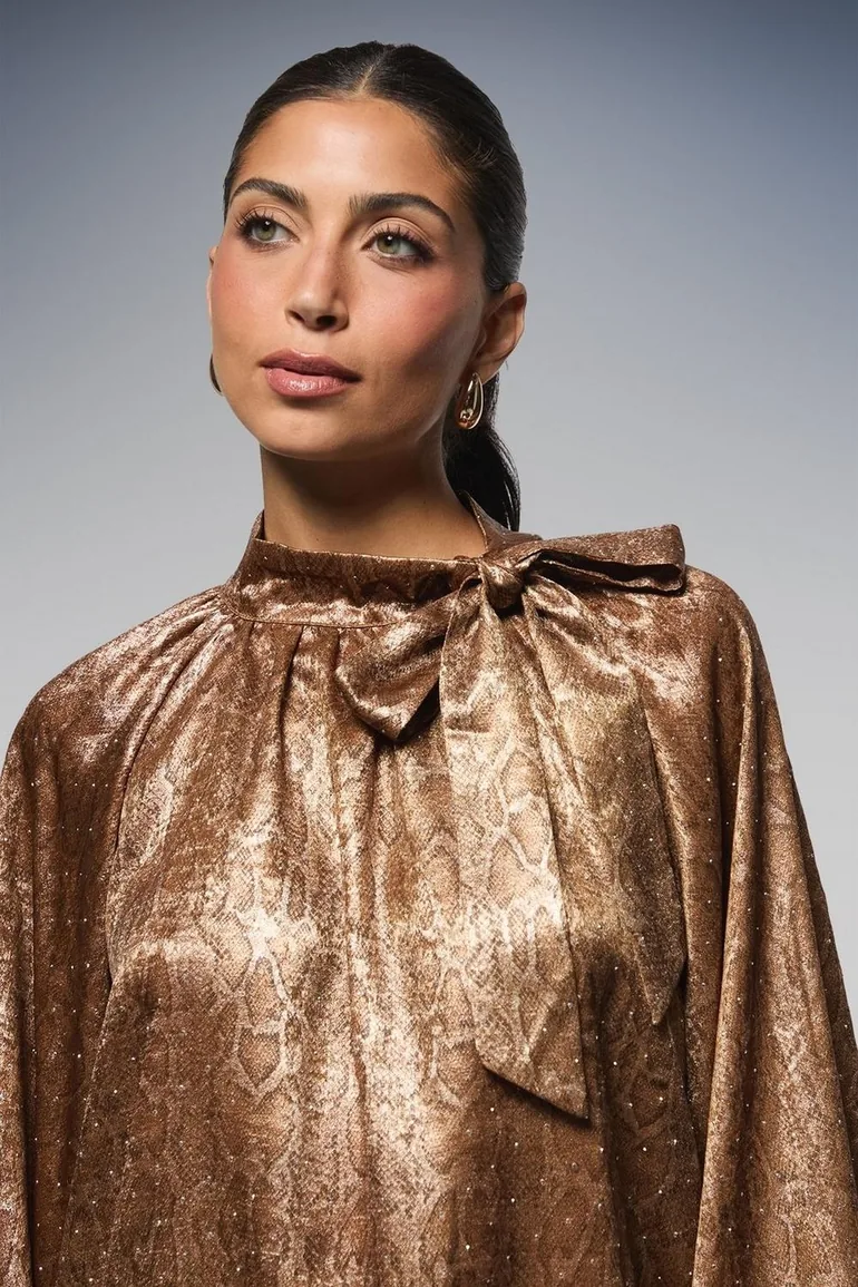 Hotfix Snake Foil Tie Neck Blouse - 3