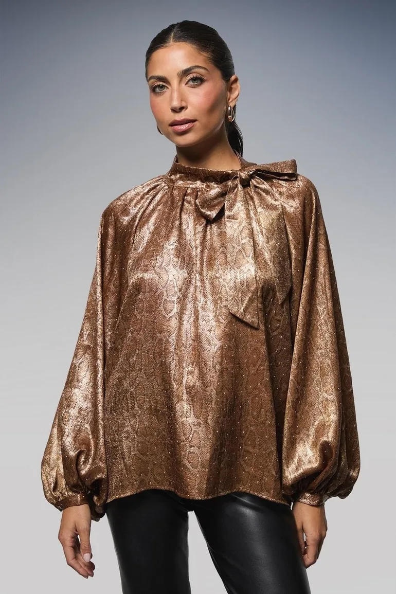 Hotfix Snake Foil Tie Neck Blouse - 1