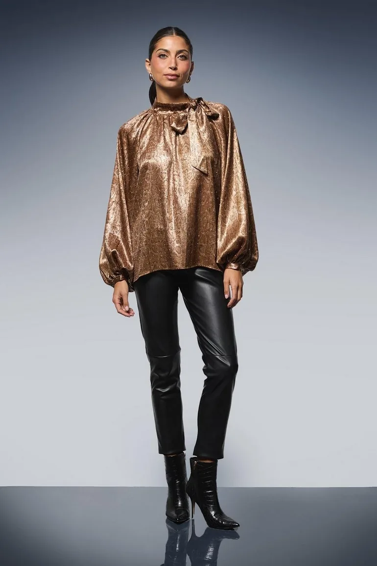 Hotfix Snake Foil Tie Neck Blouse