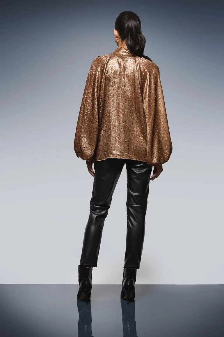 Hotfix Snake Foil Tie Neck Blouse - 2