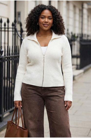 Wardrobe essentials ecru zip-up turtleneck soft-touch cotton knit cardigan