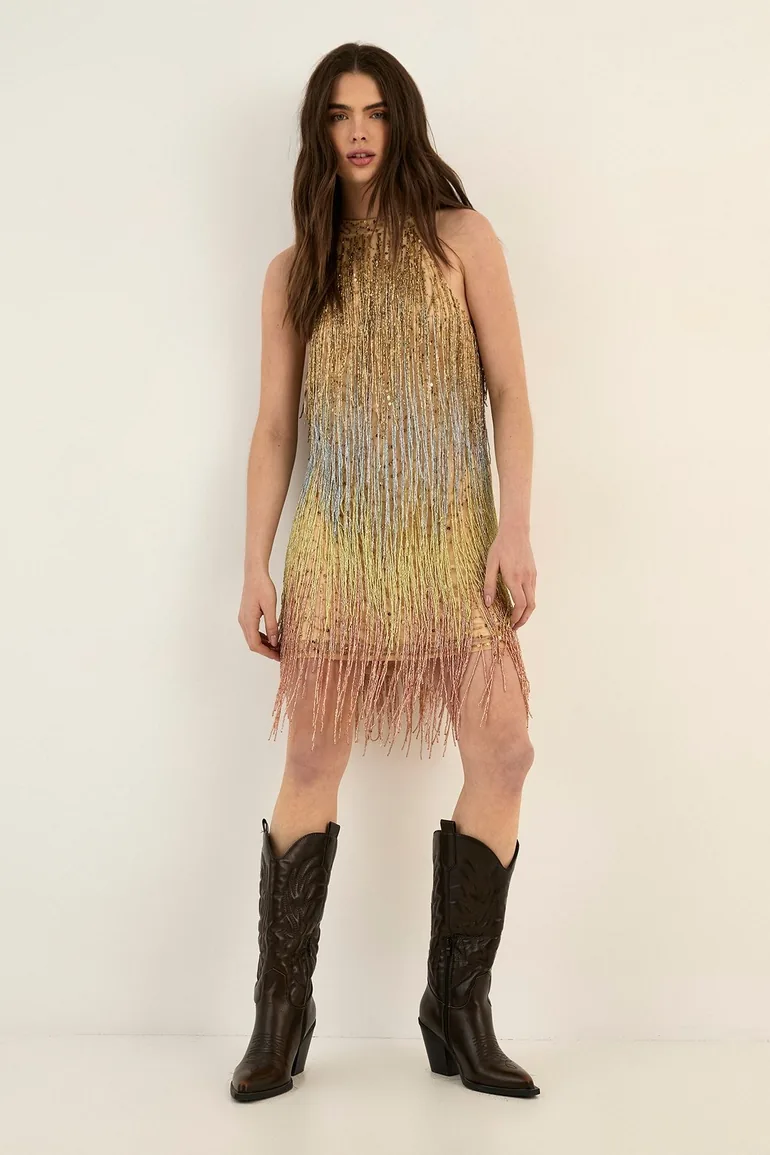 Ombre Beaded Tassel Mini Dress Icons Gold : Premium Dresses : VogaCloset  Oman
