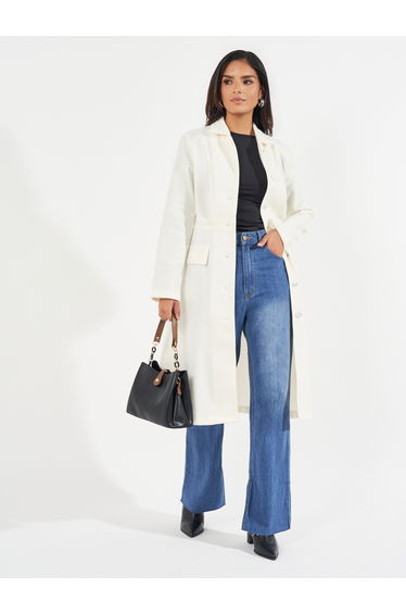 Regular Fit Knee Length Buttoned Wool Like Coat
