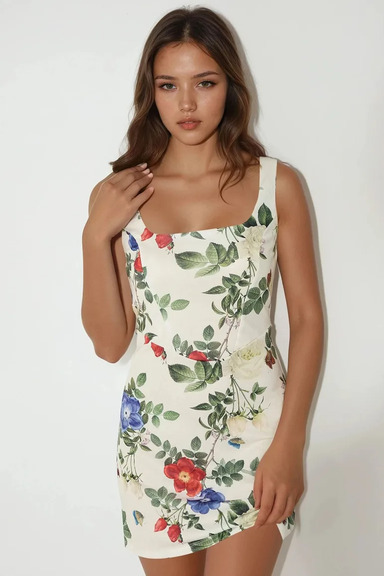 Bodycon Mini Dress with Square Collar and Floral Print HiCCUP Multicolour :  Party Dresses : VogaCloset Oman