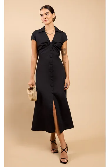 فستان قميص ميدي طويل مزموم - أسود