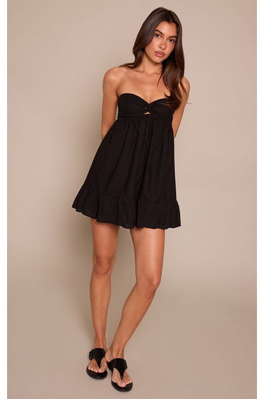 Black Linen Look Button Detail Pleated Hem Playsuit