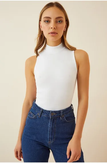 Women's Gray White Turtleneck Sleeveless 2-Pack Knitted Blouse