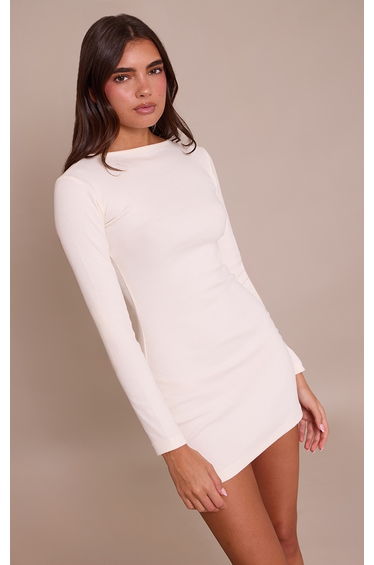 Cream Ribbed Boat Neck Long Sleeve Bodycon Dress