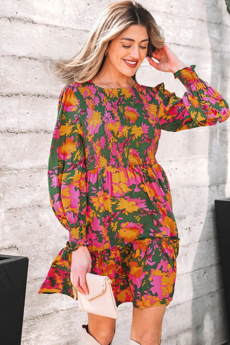 Lvness Floral Print Long Sleeve Smocked Ruffled Mini Dress - 3