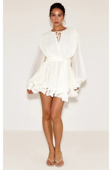 Cream Floaty Tie Detail Long Sleeve Shift Dress