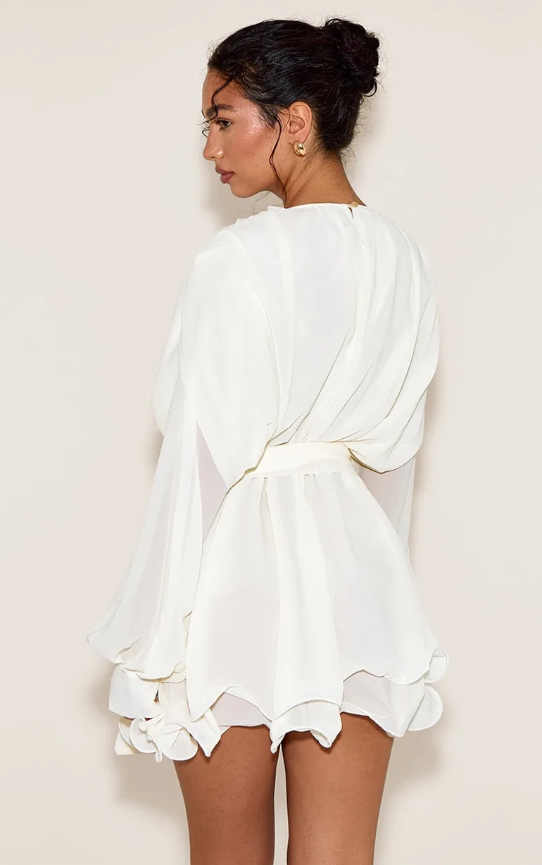 cream floaty tie detail long sleeve shift dress Women's Cream Tie-Detail Dress