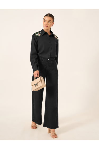 Floral Embroidered Button Front Long Sleeve Shirt