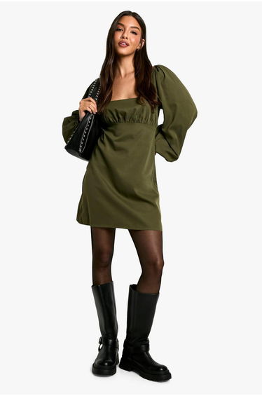 Long Sleeve Puff Sleeve Mini Dress - khaki