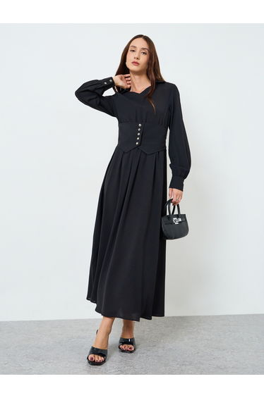 Women Button Front Maxi Dress with Corset Detail