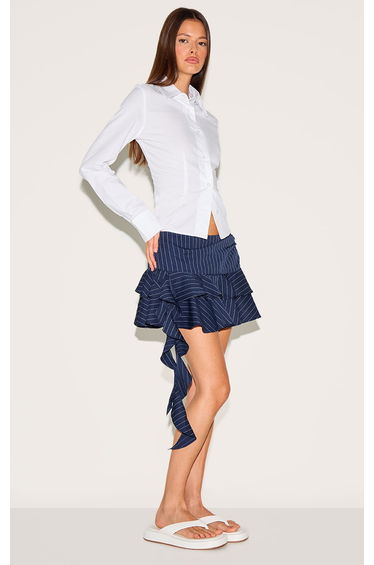 Navy Pinstripe Ruffle Drape Detail Low Rise Mini Skirt