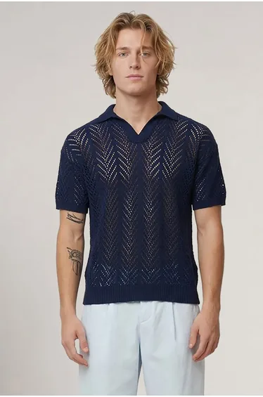 Relaxed Fit Open Stitch Knitted Polo - navy