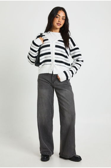 Fluffy Knit Stripe Cardigan - mono