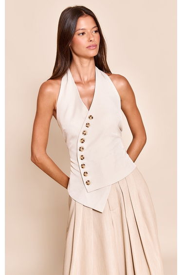 Stone Woven Button Detail Halterneck Waistcoat