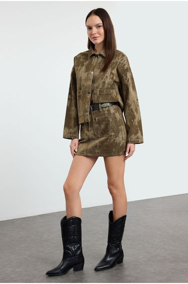Khaki Suede Look Mini Denim Skirt