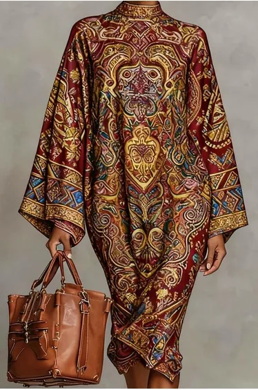 فستان ميدي فضفاض بياقة موك بأكمام طويلة بطبعة