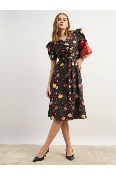 Floral Print A-Line Midi Dress with Puff Sleeves