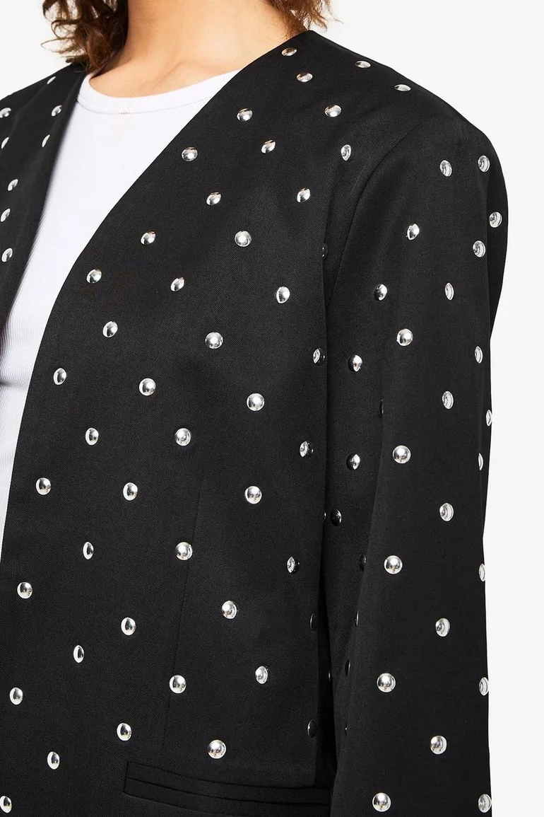 Studded Collarless Oversized Blazer - black - 3