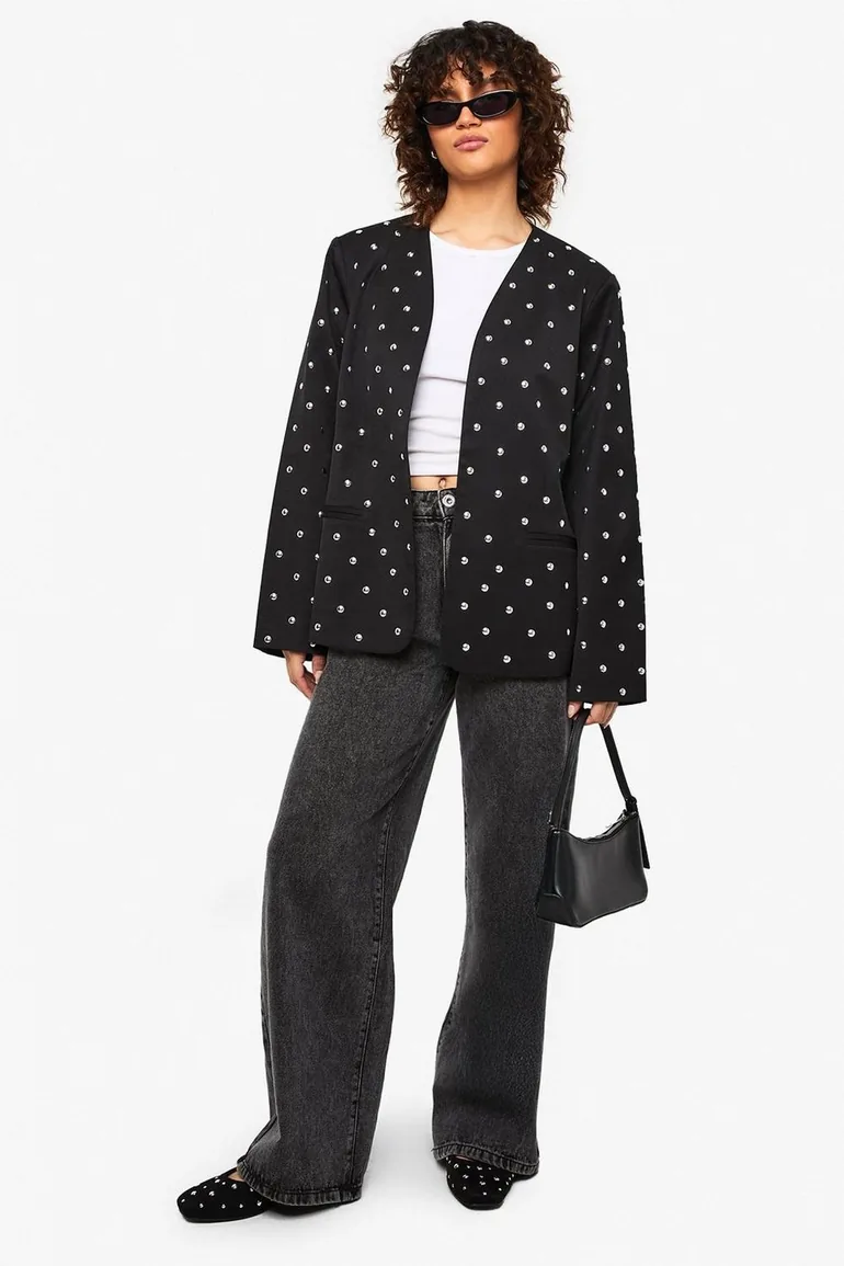 Studded Collarless Oversized Blazer - black