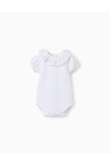 Cotton bodysuit with embroidered collar for newborn girls, white/green
