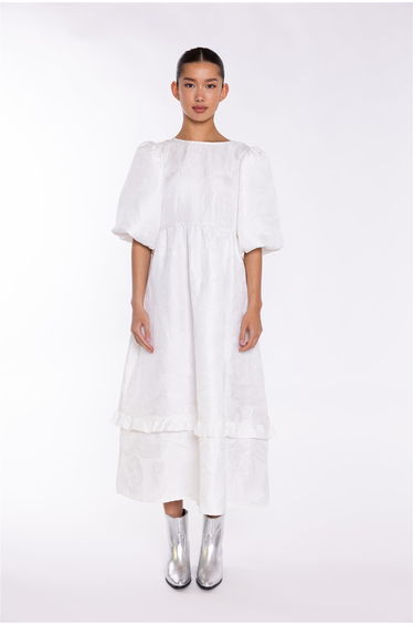 Off-White Brocade Tiered Tie-Back Midaxi -Dress