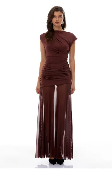 Seren Brown Ruched Tulle Panel Maxi Dress