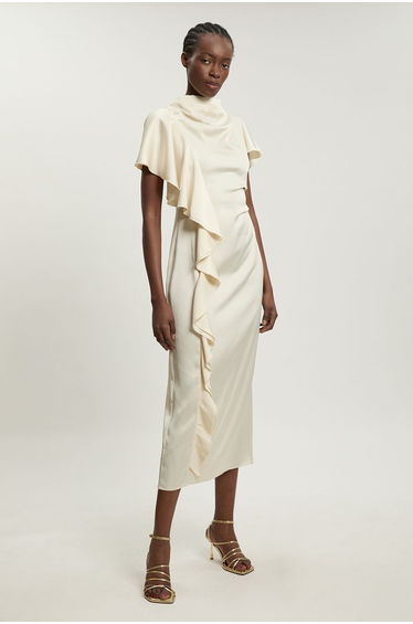 Textured Satin Ruffle Detail Midi Dress