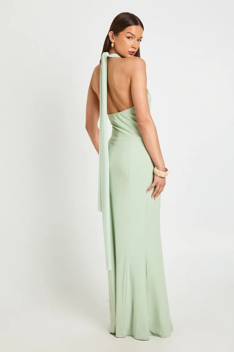 Halterneck Seam Detail Fluid Maxi Dress - sage - 1