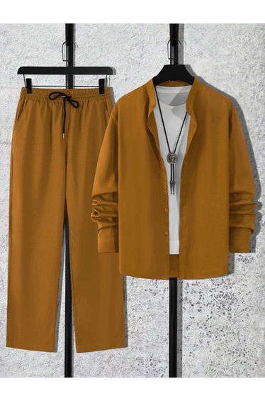 Men Copper Stand Collar Shirt and Pants Co-Ords