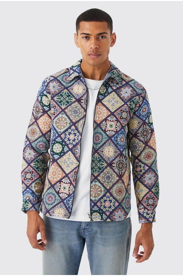 Long Sleeve Zip Through Diamond Tapestry Overshirt - multi