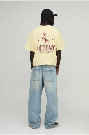 Oversized Boxy Heavyweight Washed Pocket Bull Detail T-Shirt - ecru