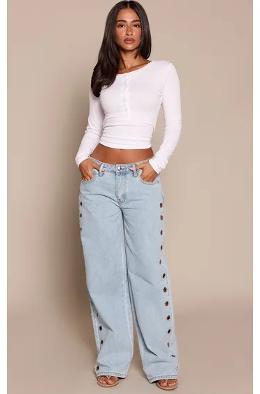 Petite Mid Blue Eyelet Detail Wide Leg Jeans